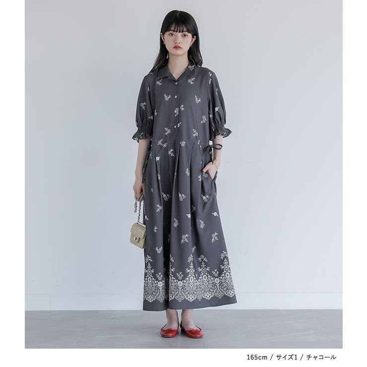 ✾MORPHOSE✾ファントムゲートＡラインワンピース　半袖　お城柄 somari imagination花柄プリント半袖ワンピース [品番：MITW0018251