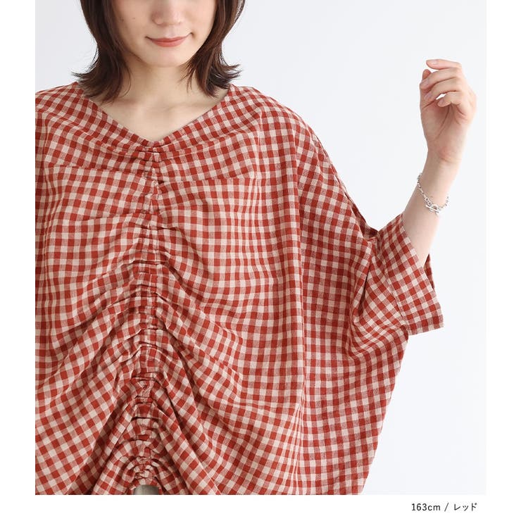 n'OrLABELギンガムチェック柄シャーリングブラウス[品番：MITW0017415