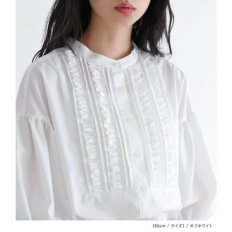 45R シアーピンタックフリルのブラウス Mサイズ R刺繡 白色