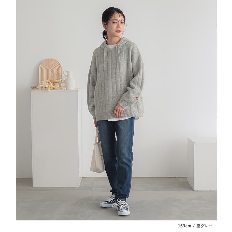 n'OrLABEL刺繍ロゴ入りワイドリブニットパーカー[品番
