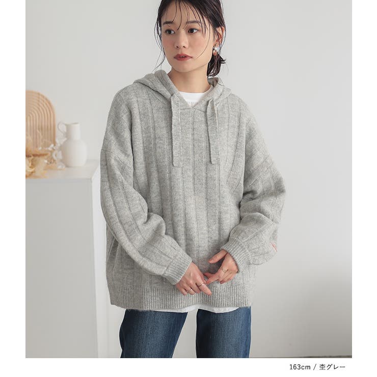人気ブランドを n'OrLABEL刺繍ロゴ入りワイドリブニットパーカー[品番 Lサイズ