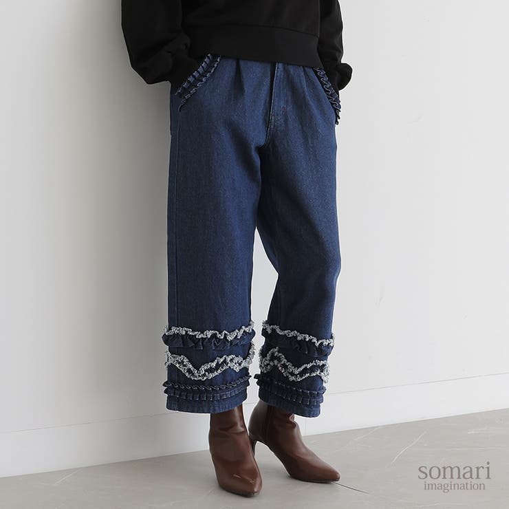 somari imaginationフリルデザインクロップドデニムパンツ | osharewalker | 詳細画像1 