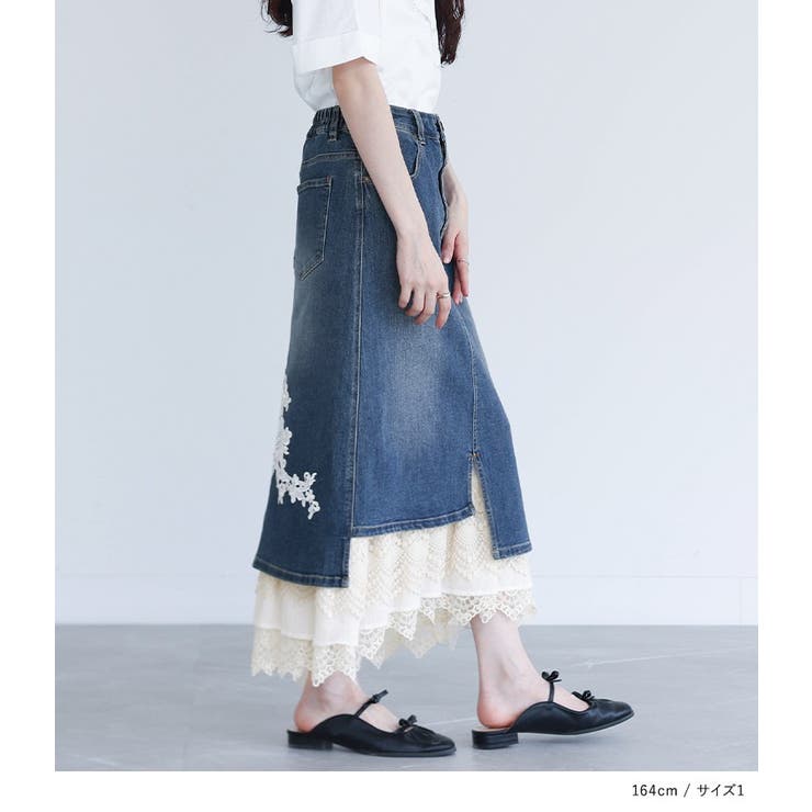 春先取りの somari imaginationレースライナーアシメデニムスカート [品番 スカート