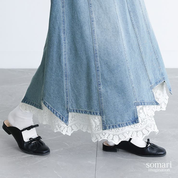 somari imaginationレースペチ付きアシメ切替デニムスカート somari imaginationレースペチ付きアシメ切替デニムスカート