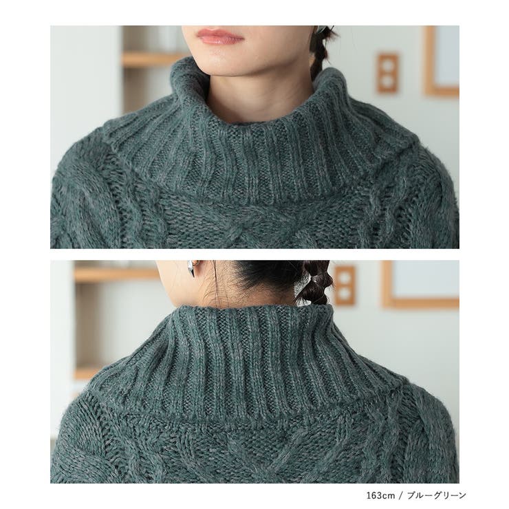 45R ストレッチウールケーブルポンチョセーター ネイビー RALPH LAUREN｜ボタントリム ケーブルニット モックネック ポンチョ