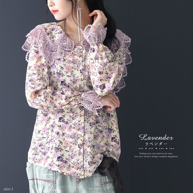 somari imaginationビッグカラー袖口レース花柄ブラウス[品番