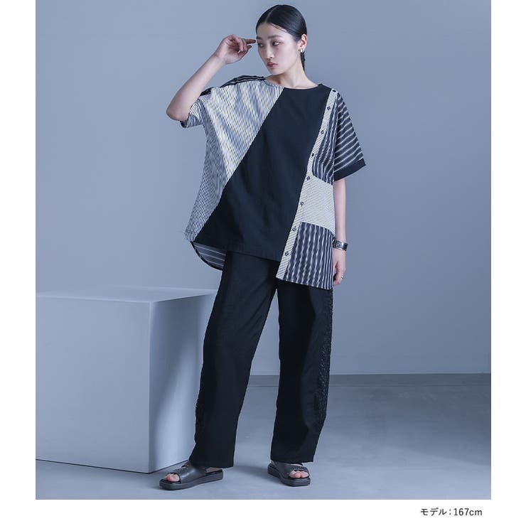 kOhAKUストライプ柄切替ボタン開きアシメTシャツ | osharewalker | 詳細画像2 