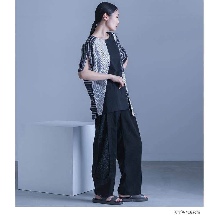 kOhAKUストライプ柄切替ボタン開きアシメTシャツ | osharewalker | 詳細画像8 