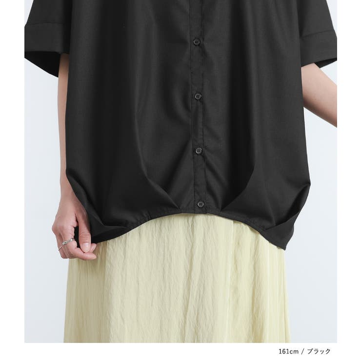 黒　リボン　裾切りっぱなし　半袖シャツ COTTON/LINEN SHIRT WITH GATHERS IN RIGHT SIDE(XS Black