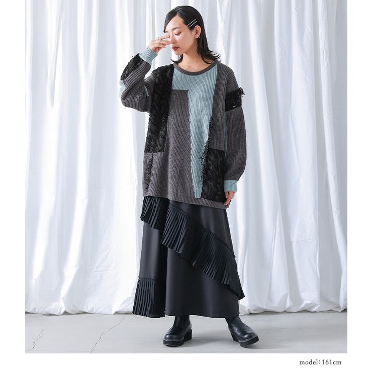 kOhAKU配色シアー切替フリンジデザインニット | osharewalker | 詳細画像2 