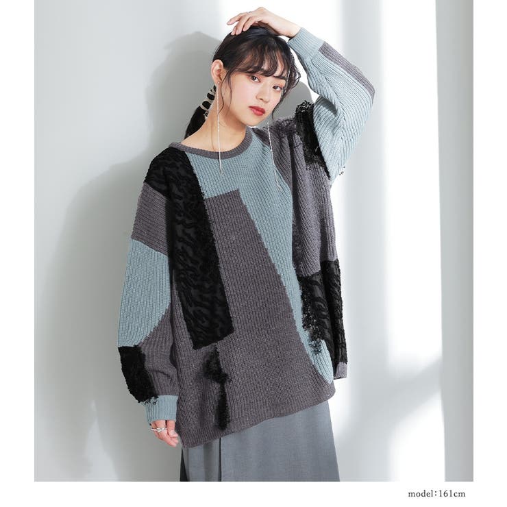 kOhAKU配色シアー切替フリンジデザインニット | osharewalker | 詳細画像12 