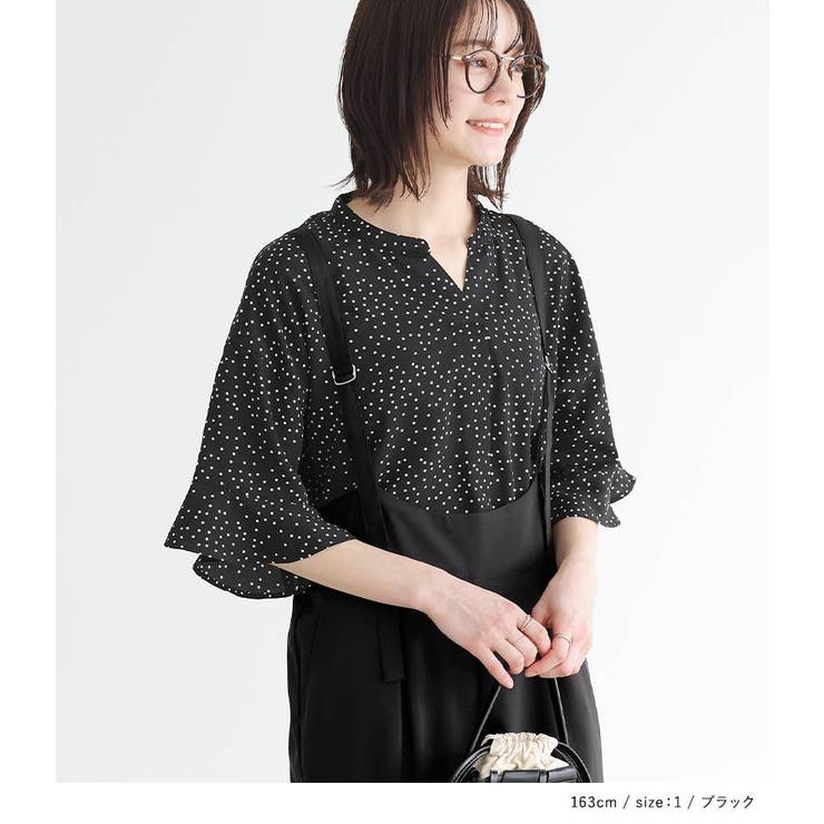 ピープルツリー　手織り布　ドット　フレアスリーブ　ブラウス　M n'OrLABELフレアスリーブドット柄ブラウス[品番：MITW0017250