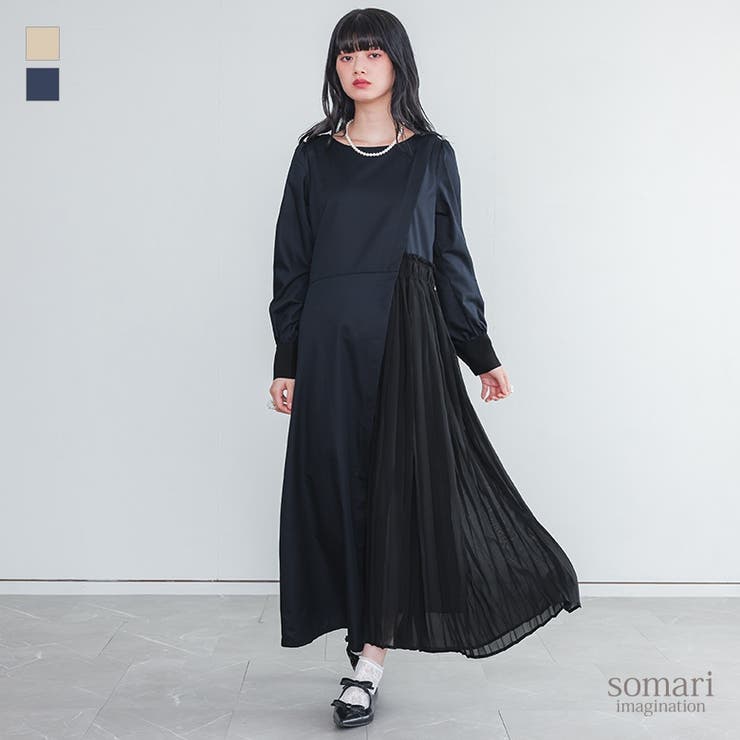 somari imagination異素材プリーツ切替アシメワンピース | osharewalker | 詳細画像1 