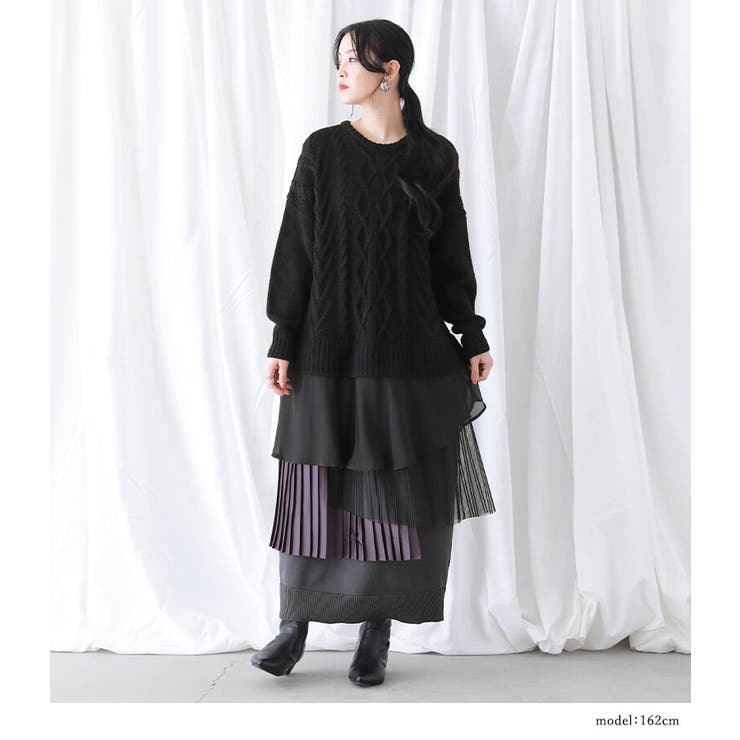 MELANGE 異素材ドッキングニットワンピース 黒 モード タートルネック MEDE19F ワンピース MEDE19F 異素材ドッキング