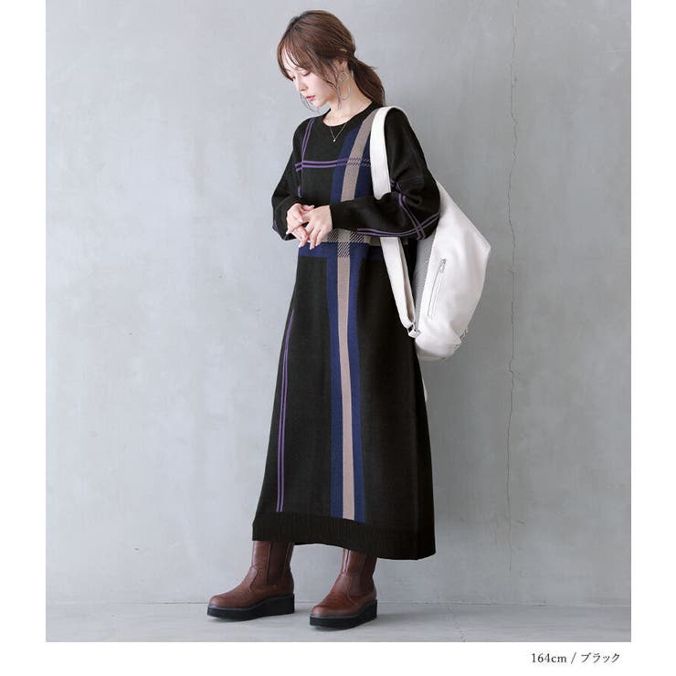 n'OrLABELチェック柄ジャカードニットワンピース [品番：MITW0017010