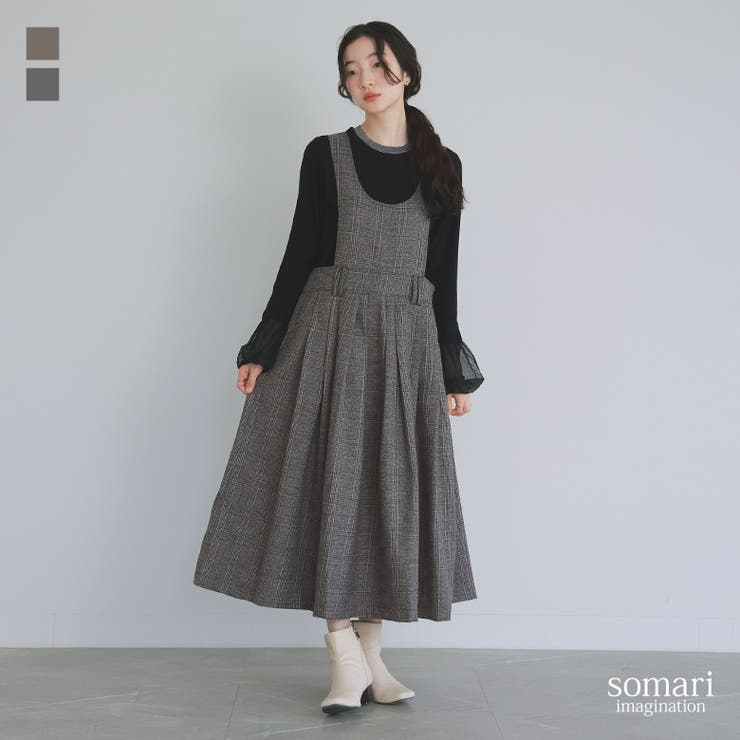 大特価 pop somari imaginationエプロン風グレンチェック柄ジャンスカ[品番 サロペット・オーバーオール・オールインワン