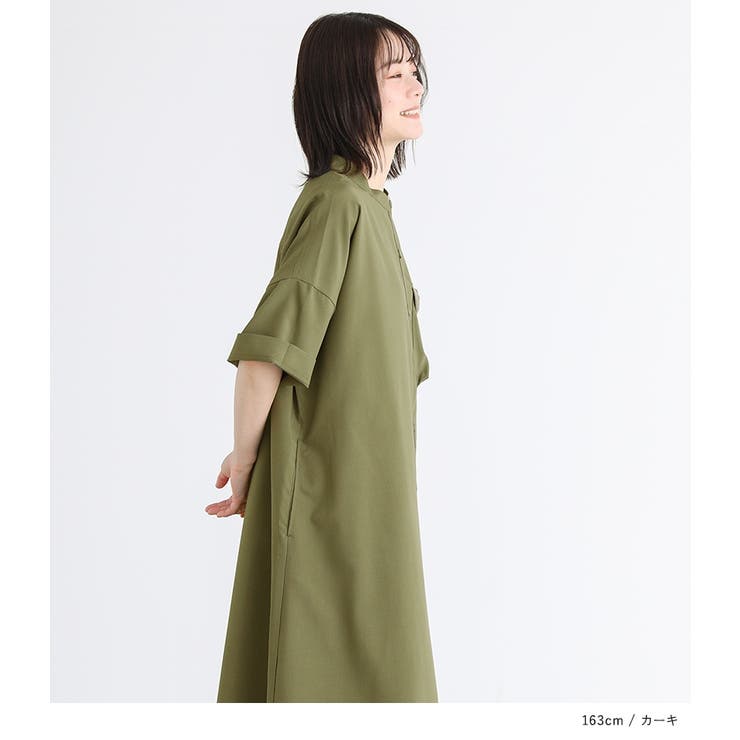 【極美品】Honnete⭐️アイリッシュリネン ノーカラーワンピース　カーキ Honnete｜オーバーダイ アイリッシュリネン 半袖 ノーカラー