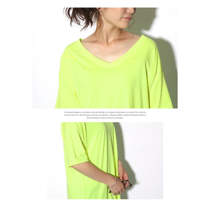 ネオンカラーVネックロングカットソー トップス Tシャツ[品番