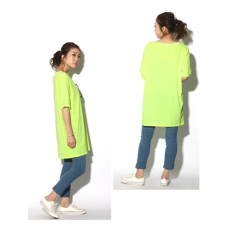 ネオンカラーVネックロングカットソー トップス Tシャツ[品番