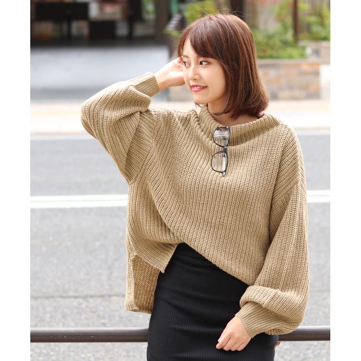 バルーンスリーブボトルネックゆるニット レディース トップス[品番