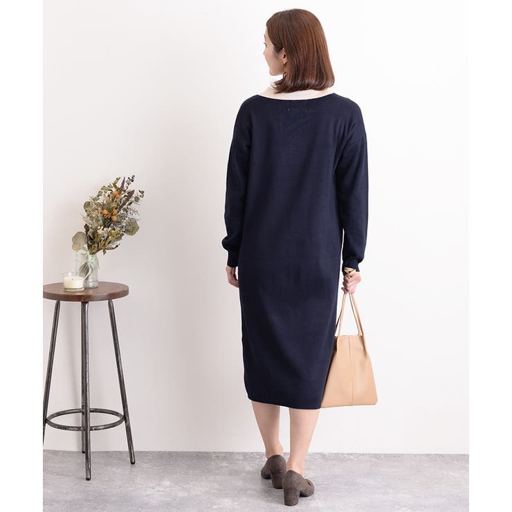 バイカラーポロニットロングワンピース レディース チュニック