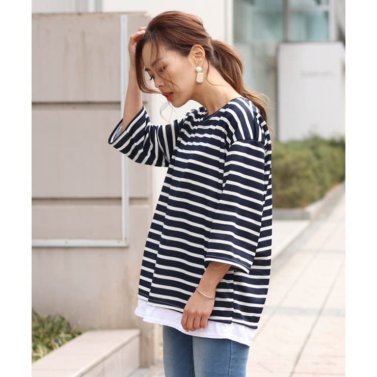 長袖Tシャツ レディース ボーダー サイドスリット 前後差 ボート