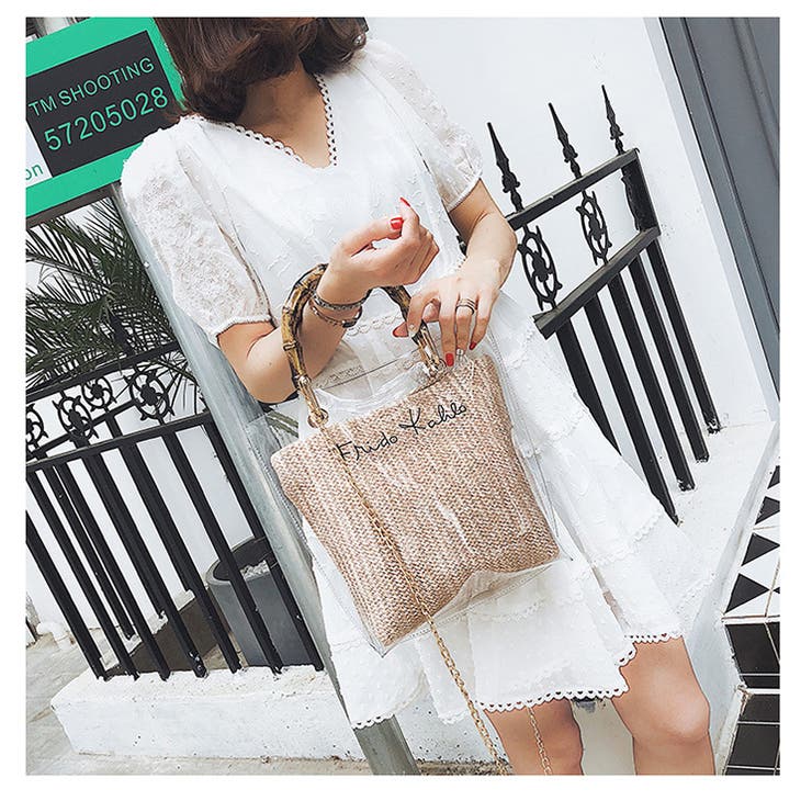 ポーチ付き バンブーハンドル クリアバッグ[品番：JOKW0007189