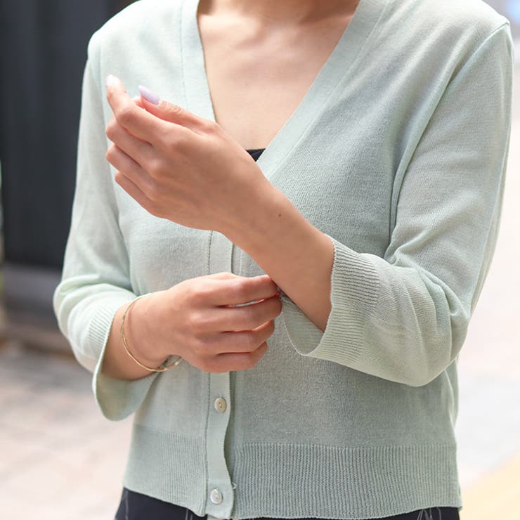 シェル風ボタン7分袖ニットカーディガン レディース トップス[品番