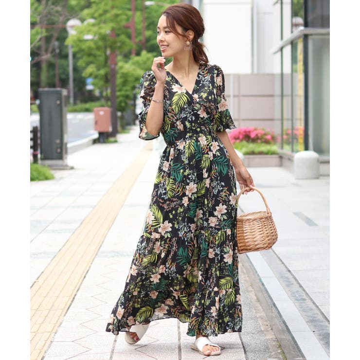 カシュクールティアードボタニカル柄ワンピース レディース トップス