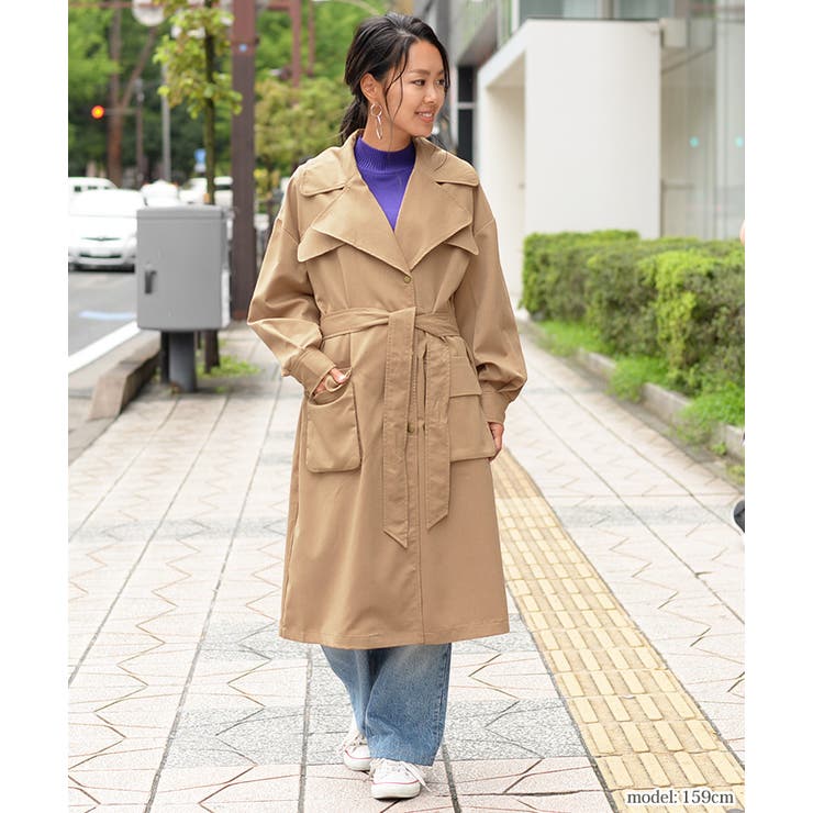 リボン付きサファリロング丈トレンチコート レディース アウター