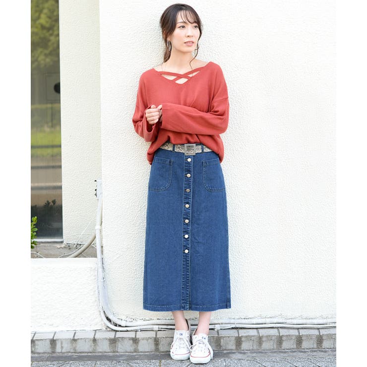ロング丈フロントボタンデニムスカート レディース ボトムス