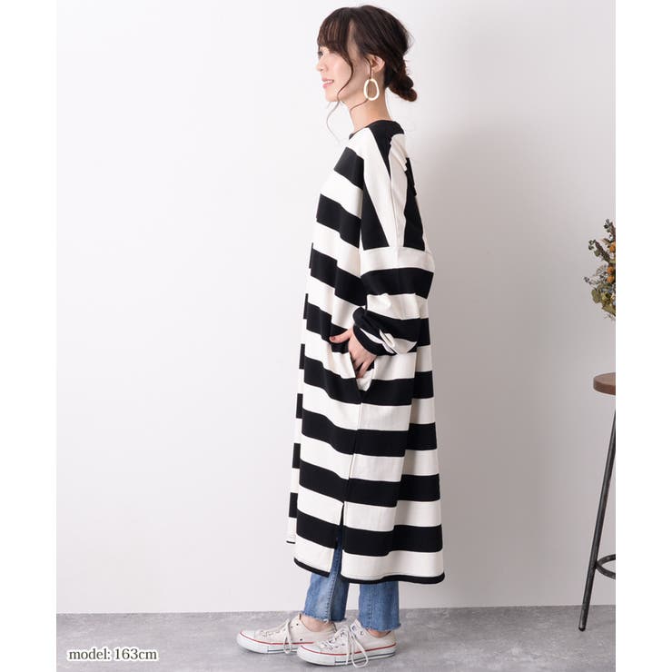 マキシ丈ポケット付きワイドボーダーワンピース レディース