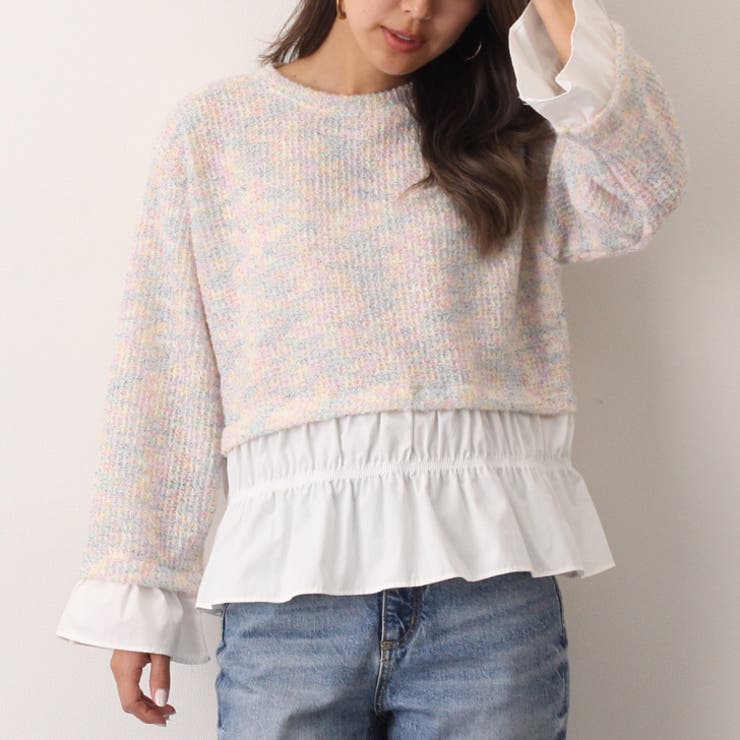 ワイドスリーブフリルシャツレイヤード風ミックスニット レディース トップス | REAL STYLE | 詳細画像6 