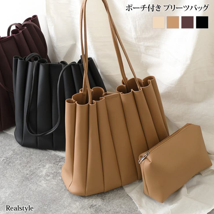 ポーチ付きフェイクレザープリーツバッグ レディース 通勤[品番