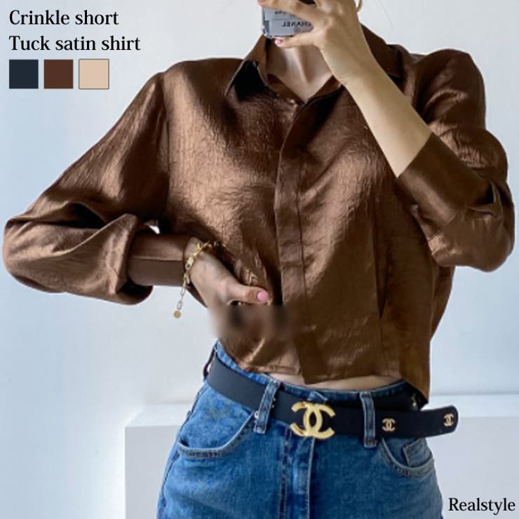 クリンクル加工ショート丈タックサテンシャツ レディース トップス 品番 Jokw Real Style リアルスタイル のレディース ファッション通販 Shoplist ショップリスト