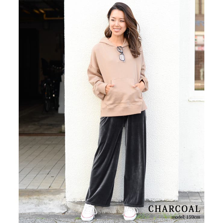 ドロスト付きベーシックベロアワイドパンツレディースボトムス秋冬光沢ベルベットロングパンツイージーパンツフルレングス9分丈ウエストゴムストレート無地シンプルリラックスイージーパンツメール便