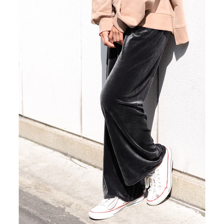 ドロスト付きベーシックベロアワイドパンツレディースボトムス秋冬光沢ベルベットロングパンツイージーパンツフルレングス9分丈ウエストゴムストレート無地シンプルリラックスイージーパンツメール便