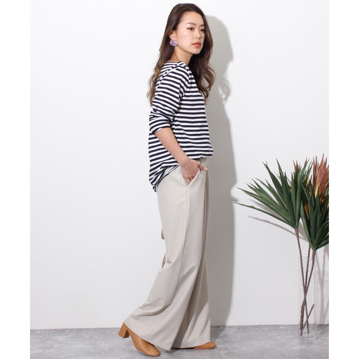 ボートネックベーシックボーダー柄ワイドカットソーレディーストップスTシャツ春夏長袖大きめゆったりシンプルカジュアルきれいめマリンロンT無地可愛いコットン混インナープルオーバー