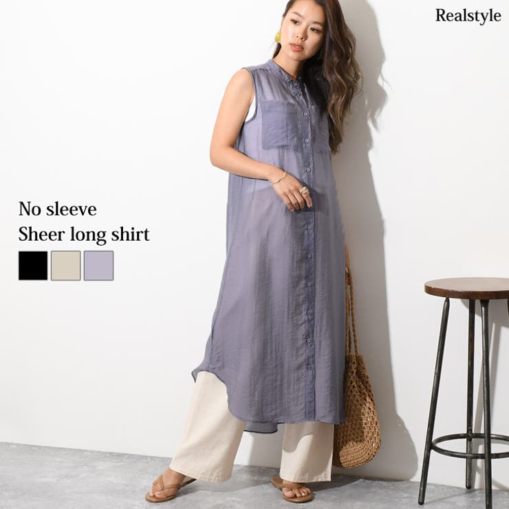 ノースリーブシアーロングシャツ レディース トップス[品番
