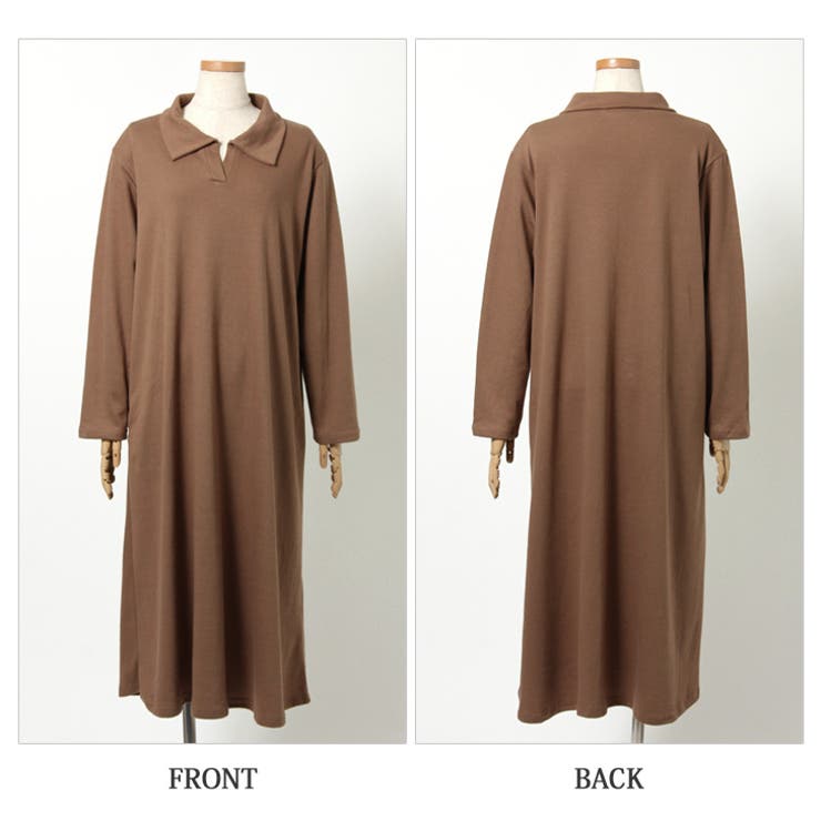 襟付きキーネックサイドポケットAラインロングワンピース