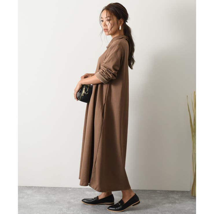 襟付きキーネックサイドポケットAラインロングワンピース