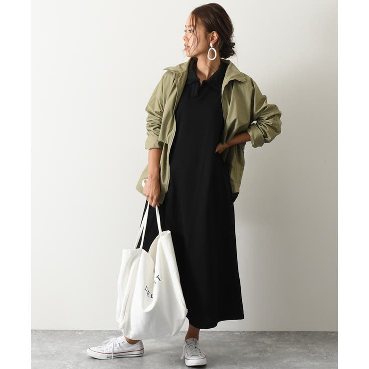 襟付きキーネックサイドポケットAラインロングワンピース