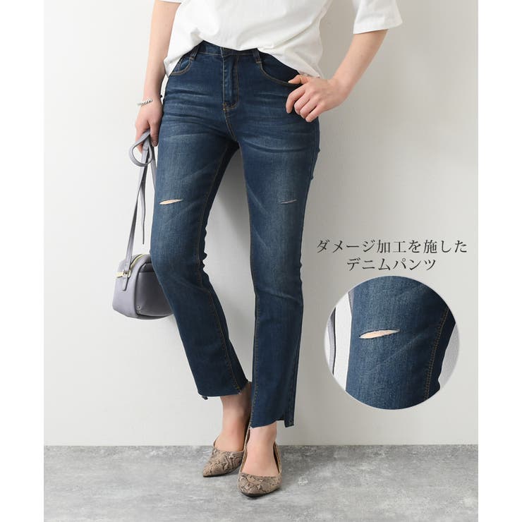 アシンメトリーカットオフダメージデニムスキニーパンツ レディース 