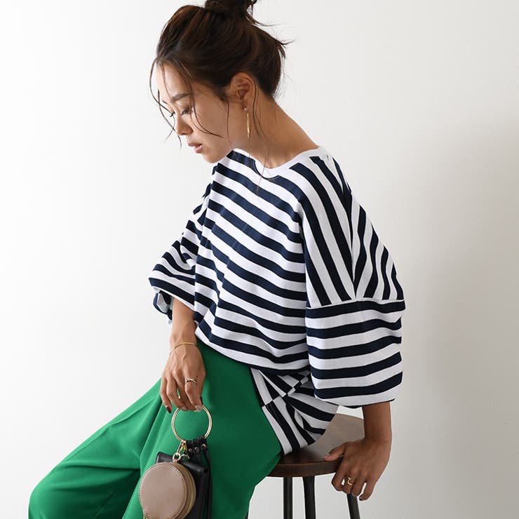 バルーンスリーブボーダー柄プルオーバー トップス カットソー[品番