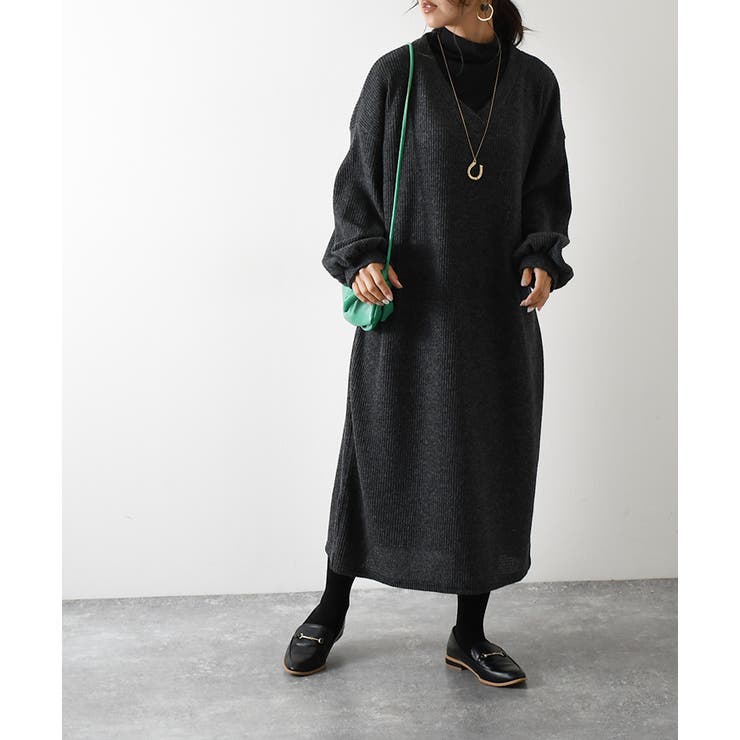 極美品　近年モデル　ビームスゴルフ　ニットワンピース　ウール　リブ　ロング HUG.U ワンピース ニットワンピース レディース ロング