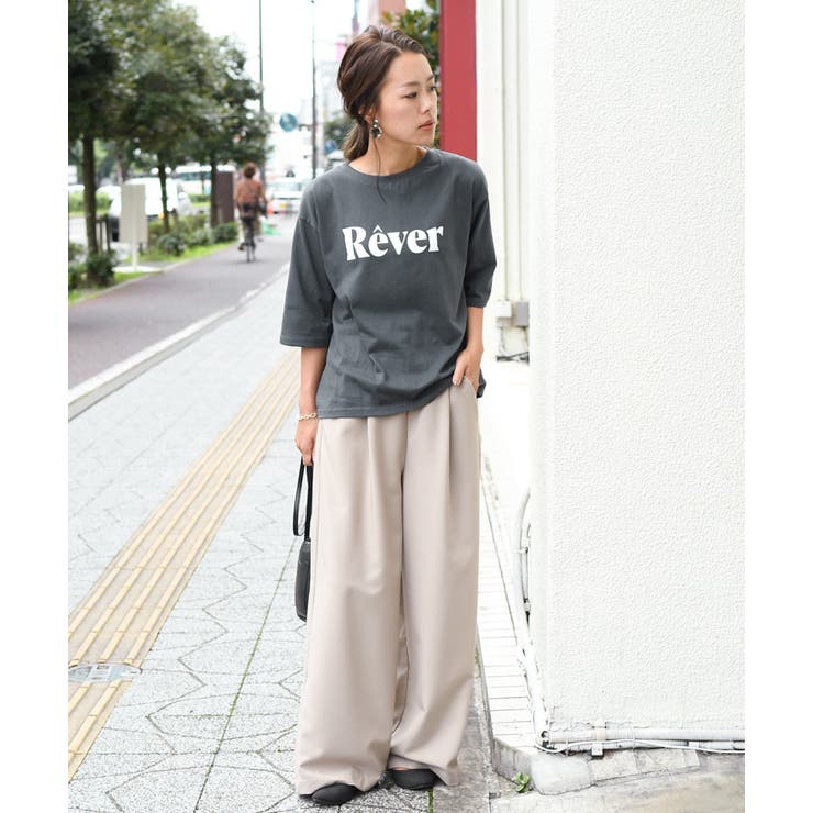 英字ロゴプリントクルーネック半袖Tシャツ レディース トップス