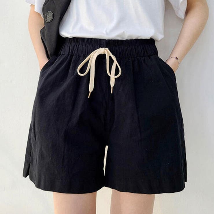 リネン混ポケット付きドローストリングショートパンツ