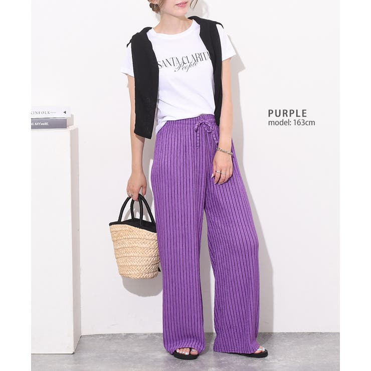 ストライプ柄 ワイドパンツ パンツ レディース ボトムス 送料