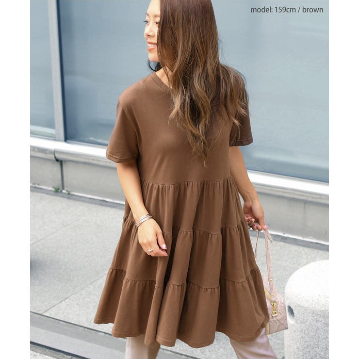 ティアードコットンカットソーチュニックレディーストップス半袖春夏ゆったり大きめ大きいサイズtシャツロング丈膝上Aラインフレアコットン綿100%レイヤード重ね着クルーネック