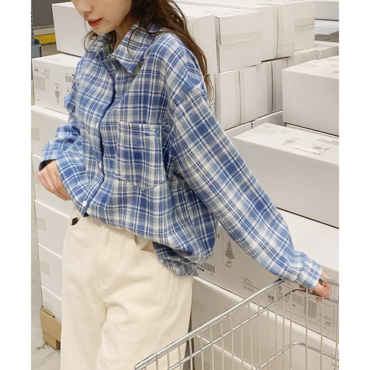 新品タグ付新品　ビエラチェックルーズシャツ　ブルー　フリーサイズ シャツ レディース チェック柄[品番：JOKW0017807]｜REAL STYLE